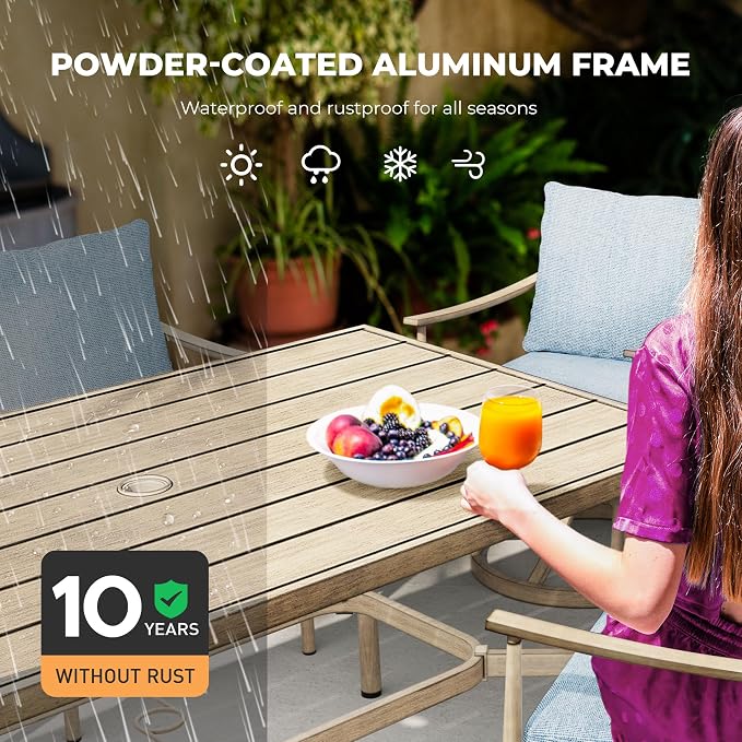 HAPPATIO Patio Dining Set for 8, Aluminum Dining Set, Swivel Rockers, Brown