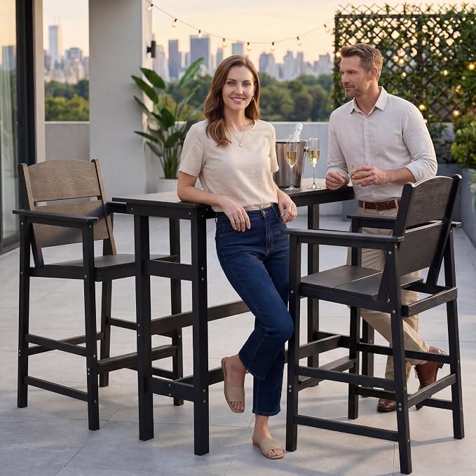 HDPE Outdoor Bar Chairs Set of 2, 28.5" Seat Height Bar Height Patio Stools with Armrest & Back, Heavy Duty All Weather High Top Chairs for Porch/Poolside/Deck, 400lb Capacity, Black