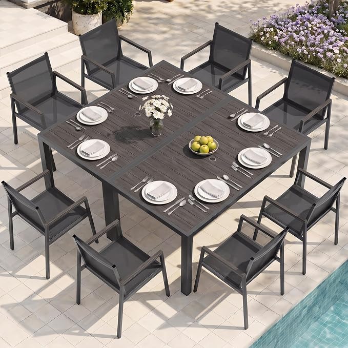 Outdoor Dining Set for 8, Aluminum Patio Table and Chairs Set, 10-Piece All Weather Patio Dining Furniture Set with Umbrella Hole for Backyard, Deck, Poolside (Charcoal)