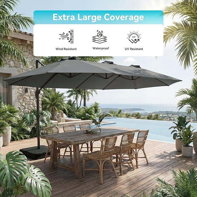COSIEST 8 * 13FT Cantilever Patio Umbrella with Base,Large Rectangle Offset Umbrella，Heavy Duty Double-Sided Table Market Umbrella for Garden, Pool, Deck Shade, Dark Gray