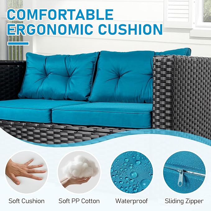 VINGLI 4 Pieces Outdoor Sectional Wicker Patio Furniture Set, Patio Sectional Sofa with Hidden Storage Outdoor Conversation Set, Glass Top Coffee Table for Backyard, Pool, Garden(Black)