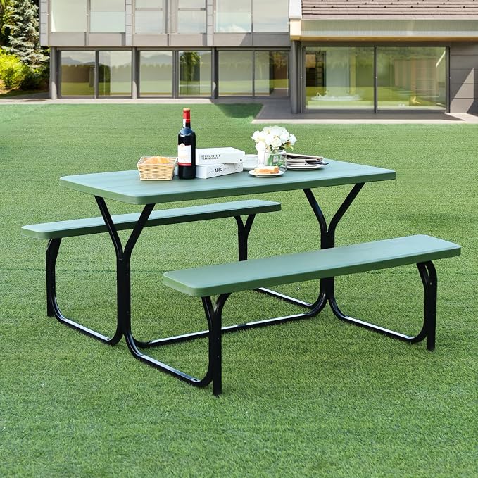 ORALNER Picnic Table, Resin Dining Table & 2 Benches Set, Weather Resistant Wood Grain Plastic Tabletop & Steel Frame, Picnic Tables for Outdoors, Porch Yard Patio Lawn Party Camping (Green)