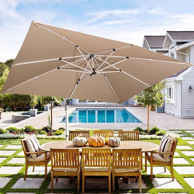 LKINBO 10x13 FT Rectangle Cantilever Umbrella with Cross Base, Heavy Duty Large Patio Umbrella 360 Degree Rotation Outdoor Offset Umbrella with Easy Tilt & Crank for Pool Deck Backyard, Khaki
