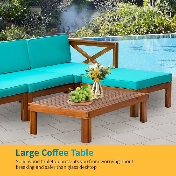 5-Piece Acacia Wood Outdoor Sofa Set Patio Bistro Set Furniture Outdoor Chat Conversation Table Chair Set with Water Resistant Cushions and Coffee Table for Beach Backyard Garden