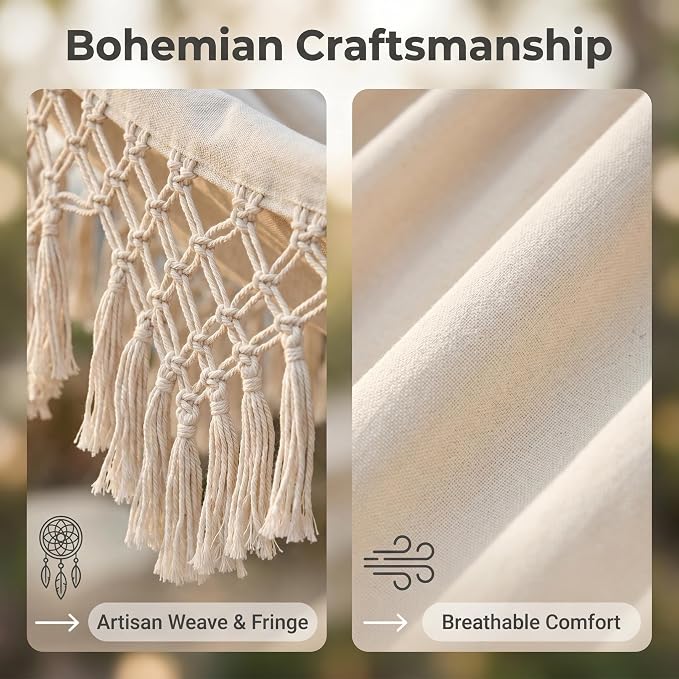Bohemian Canvas Hammock with Tassels, Brown, 79"x59" | Soft Breathable Cotton Canvas Hammock,79x59in,2 Hanging Straps Wooden Bar;3 colors,compact for students renters dorm balcony