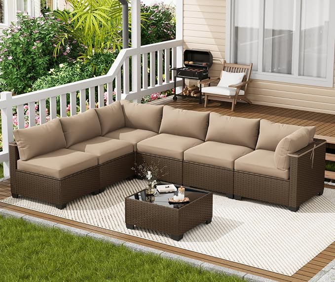 LOUVIXA 7 Piece Outdoor Patio Furniture Set, Outdoor Sectional Sofa, Wicker Rattan Patio Furniture, Patio Conversation Set with Coffee Table & Cushions