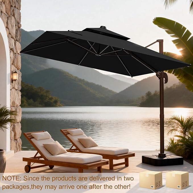 10x10Ft Patio Umbrella Outdoor Cantilever Rectangle Umbrella with Base Included, 6-Level Tilt & 360° Rotation Offset Umbrella for Garden, Deck, Pool(Black)