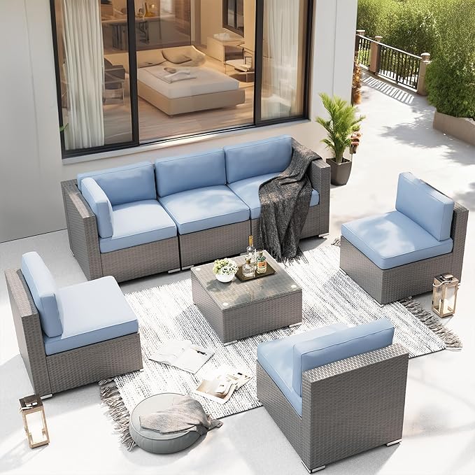 SUNCROWN Outdoor Patio Furniture Set 7 Piece Outdoor Sectional Sofa Grey Wicker Conversation Sofa Set with Coffee Table, Cushions and Waterproof Cover,Light Blue