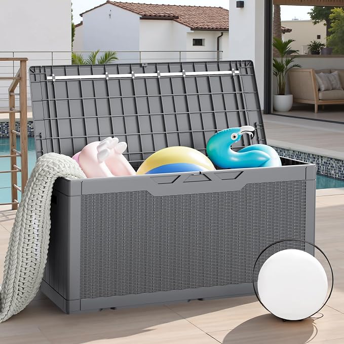 JUMMICO 100 Gallon Resin Deck Box, Waterproof Outdoor Storage Box with Lockable Lid for Garden Tools, Patio Cushions (Gray)