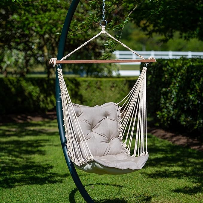 Hatteras Hammocks Cast Ash Sunbrella Tufted Single Swing – 300 lb Capacity, Indoor/Outdoor, Cumaru Spreader Bar – Handcrafted in The USA