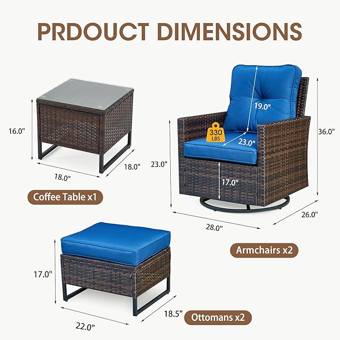 AVAWING 3 Pieces Patio Bistro Set, Wicker Swivel Glider Chairs with Tempered Glass Side Table, Patio Chair Set with Waterproof Blue Cushions for Garden, Balcony and Porch