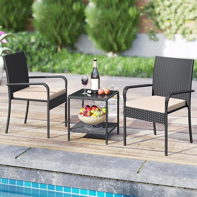 Tangkula 3 Pieces Patio Furniture Set, PE Rattan Outdoor Cushioned Conversation Chairs with 2-Tier Tempered Glass Tabletop Table, for Balcony, Garden and Poolside (Beige)