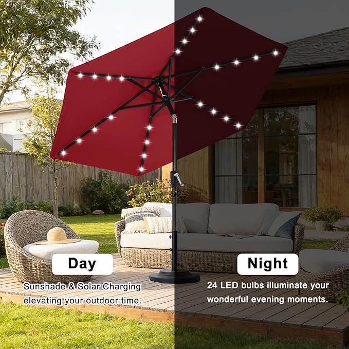 ABCCANOPY Durable Solar Led Patio Umbrellas with 24LED Lights 7.5FT with 6 Sturdy Ribs (Burgundy)