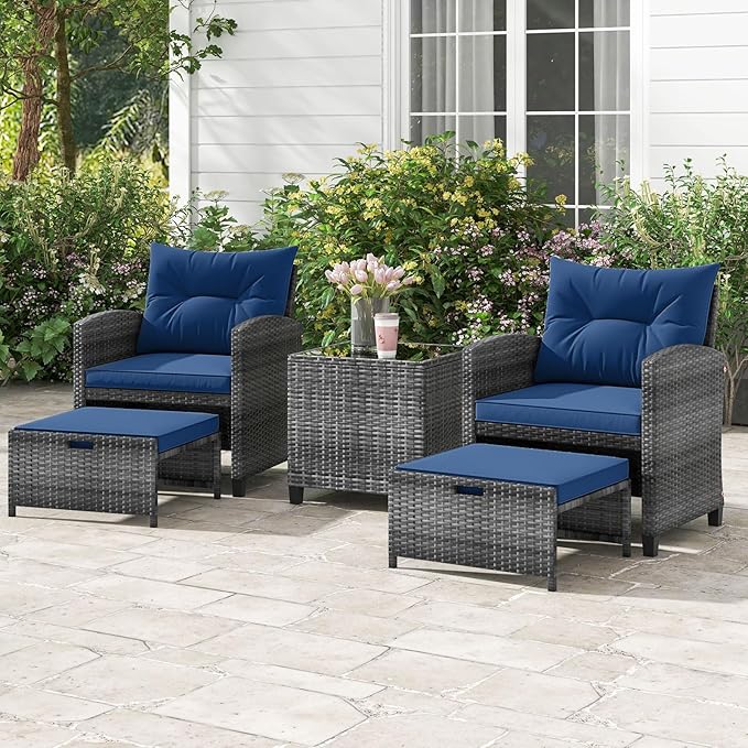 ORALNER 5 Pieces Patio Furniture Set with Ottoman, Wicker Conversation Set w/Cushions, Glass Coffee Table, Outdoor Lounger Rattan Chairs Bistro Set for Porch Balcony Garden Deck Poolside (Navy)
