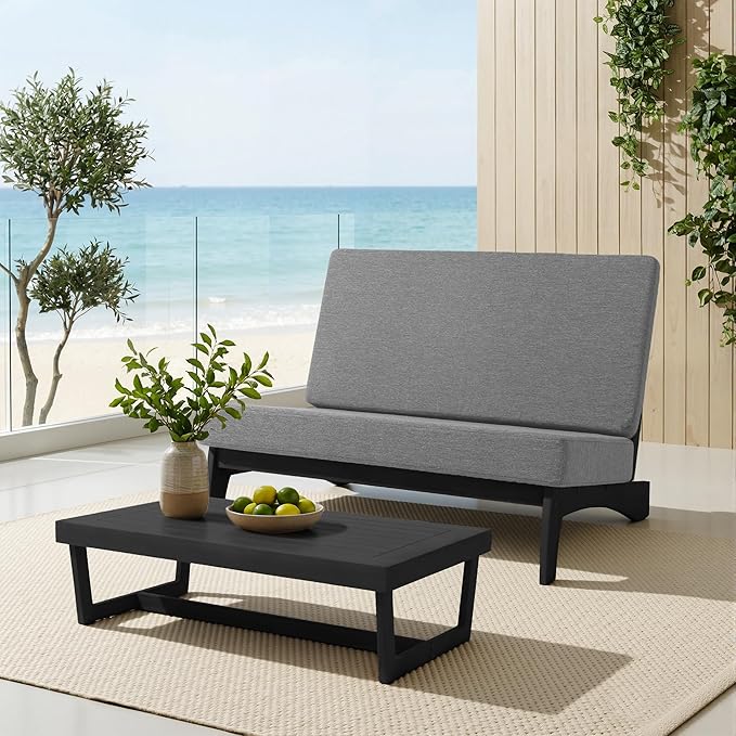 UIXE Black Wood Patio Furniture Sets, 2 Pieces All Weather Patio Loveseat Outdoor Sofa with Solid Wooden Coffee Table - Light Gray