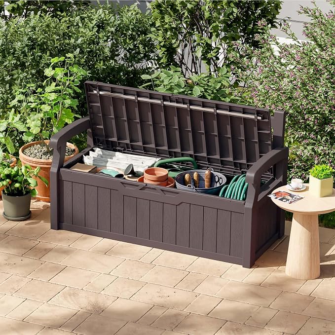 Patiowell 75 Gallon Plastic Storage Bench, Water-Resistant Deck Box for Patio Furniture, Garden Tools, Pool Storage and Outdoor Cushions, Brown