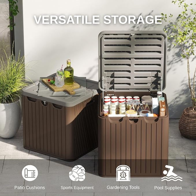 60 Gallon Outdoor Storage Box, Waterproof Patio Deck Box with Lockable Lid, Heavy-Duty HDPE Bench for Garden Tools, Cushions (Brown)