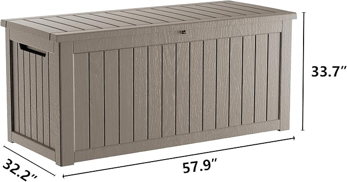 230 Gallon Outdoor Storage Box, Waterproof Resin Deck Container with Lockable Lid, Patio Organizer for Cushions & Garden Tools, Grey