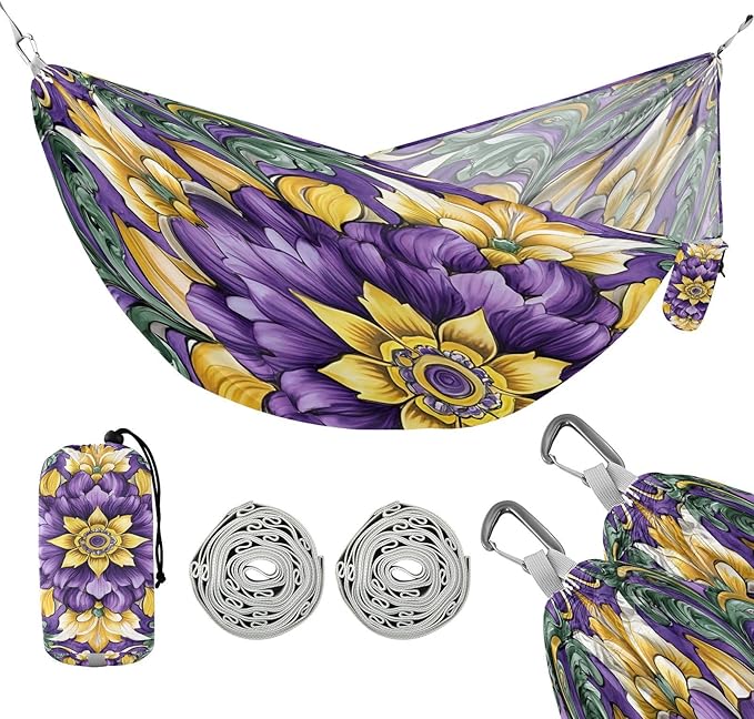 Hammocks for Outside Purpl Yellow Flowers Camping Hammock Portable Hammocks with Tree Straps and Carry Bag Camping Accessories for Hiking Beach Outdoor