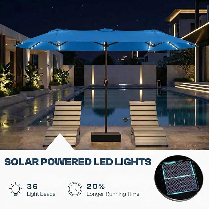 15FT Patio Umbrella with Solar Lights, Double-Sided Extra Large Outdoor Table Umbrella with Base Included, Heavy-Duty 12 Iron Ribs Market Umbrella for Garden, Pool, Backyard, Royal Blue