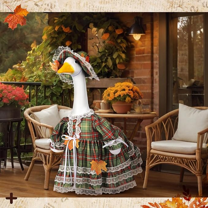 Suzile Fall Plaid Porch Goose Outfit Autumn Goose Clothes for 23 Inch Cement or Plastic Geese Costume Plaid Dress for Yard Lawn Outdoor Garden Patio Duck Statue Thanksgiving Party Decor
