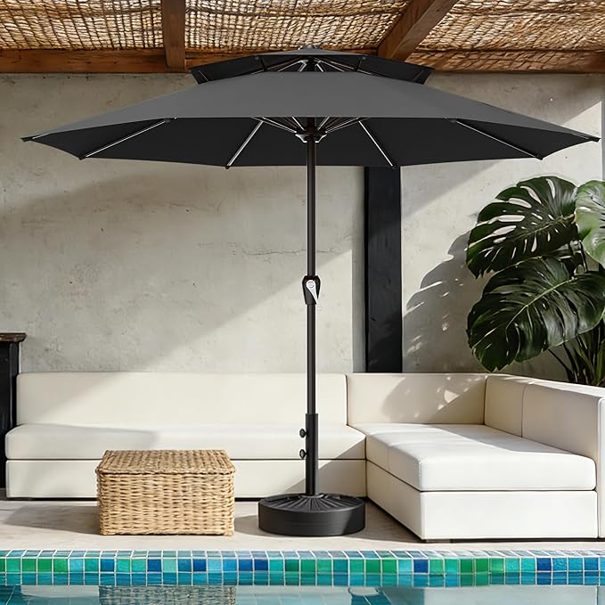 AreShark 12ft 2 Tiers Patio Umbrella - Outdoor Umbrella Waterproof UV Protection, Market Table Umbrella w/ 8 Sturdy Ribs&Crank for Pool, Porch, Garden(Black)