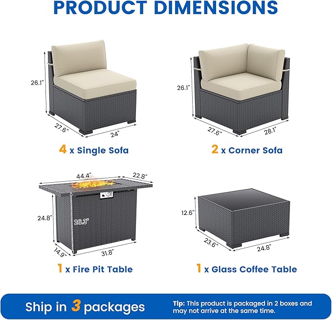 8 Piece Patio Furniture Set with 44” Fire Pit Table All-Weather Wicker Conversation Sectional Sofa & Coffee Table with Thickened Cushions for Backyard, Garden(Khaki)