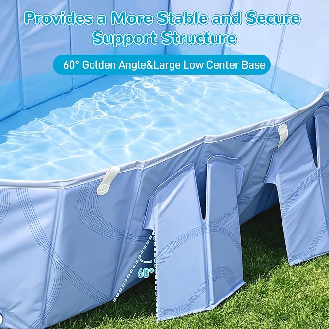 Foldable Pool with Canopy,Large Portable Pool for Adult,Thickened Collapsible Folding Pool for Backyard,85×50×22 in,20 Seconds Installation&Titanium Silver Canopy,Feels-Like Temp 50°F – 64.4°F,Blue