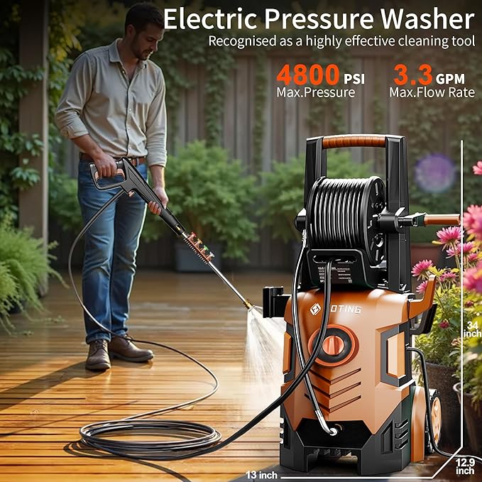 2026New Pressure Washer 4800PSI, 34" Tall, 4 Quick Connect Nozzles,Inlet Hose&Filter&500mlFoam Cannon for Cars/Fences/Driveways/Home Cleaning,Red