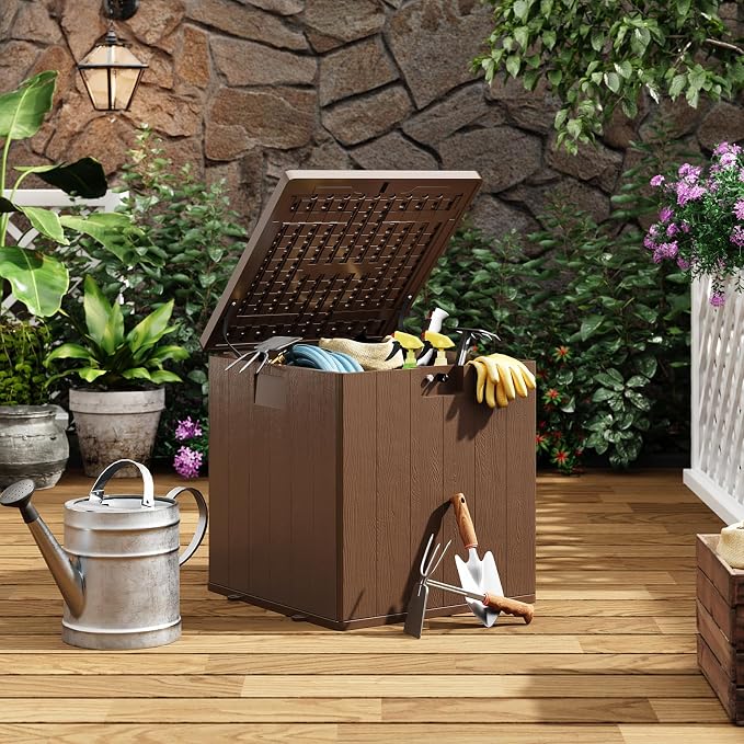 28 Gallon Outdoor Storage Box, Blow Molded Deck Box with Imitation Rattan Pattern, Heavy Duty Waterproof Resin Deck Box No Assembly Required, Lockable Patio Storage Box for Cushions Garden Tools Pool