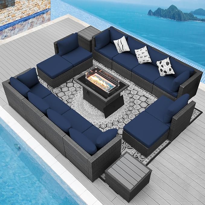 NICESOUL 15 Piece Outdoor Sectional with Fire Pit Table, Modern Luxury Patio Deep Seating w/Firepit, 29.3'' High-Back Wicker Couch Thick, Big High-Weight Capacity Sofa for Terrace, Yard, Gray & Blue