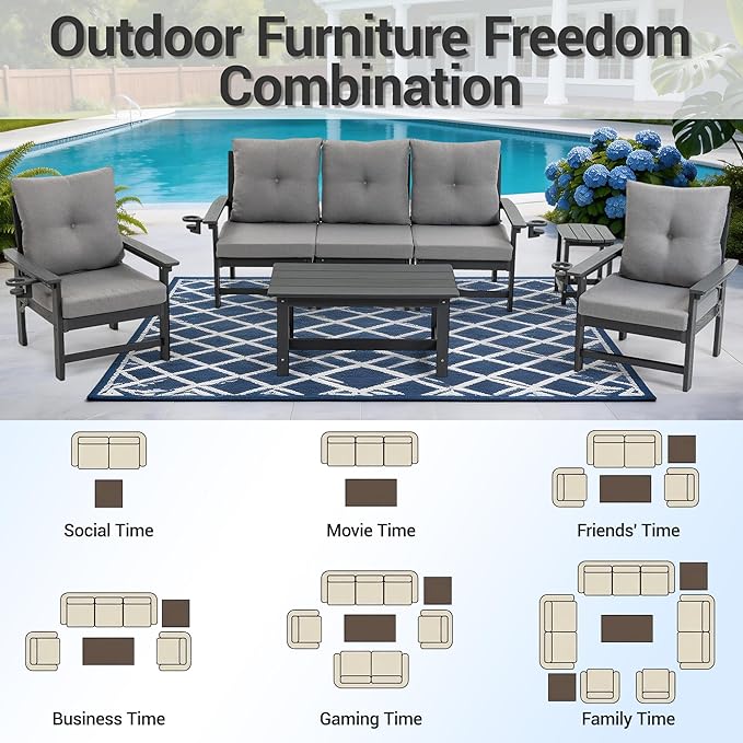 HDPE Outdoor Patio Furniture Set, 7 PCs All Weather Performance Patio Conversation Set w/Back and Seat Cushions, Free Combination Outdoor Furniture for Patio, Lawn, Poolside, Backyard, Grey