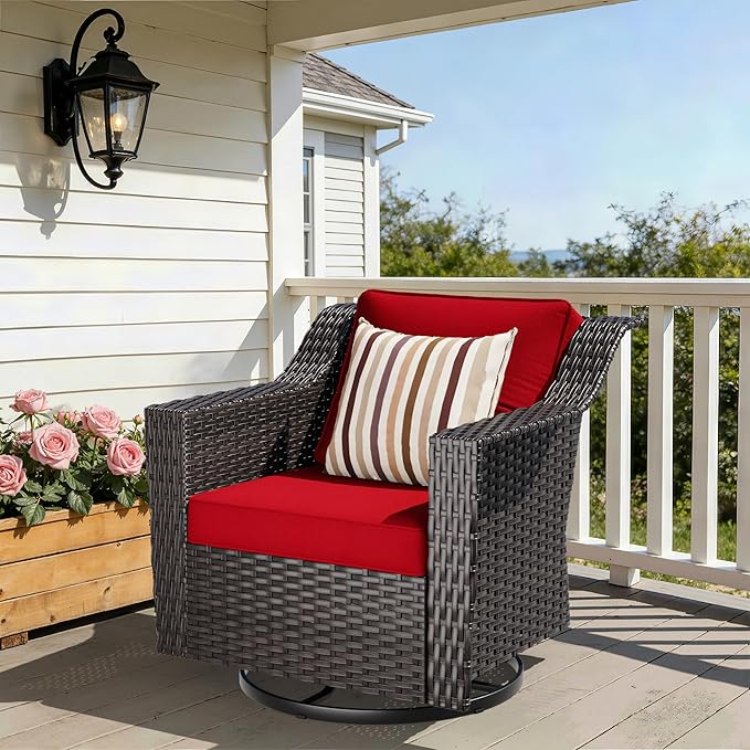 Outdoor Furniture Swivel Chair, Patio Glider Wicker Rocker Seating with Cushions for Porch Deck Balcony (Red)