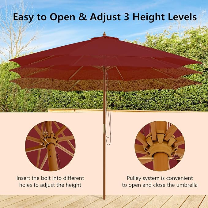 HAPPYGRILL 10 FT Wooden Patio Umbrella with Rope Pulley Lift, 8 Bamboo Ribs, 3 Adjustable Heights, Vented Roof, Outdoor Table Umbrella for Garden Poolside Backyard (Wine)