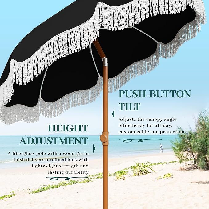 AreShark 7ft Patio Umbrella with Fringe, UPF50+ Beach Umbrella for Table, Pool & Garden, Portable Outdoor Tassels Umbrella w/Fiberglass Ribs&Push Bottom Tilt(Black)