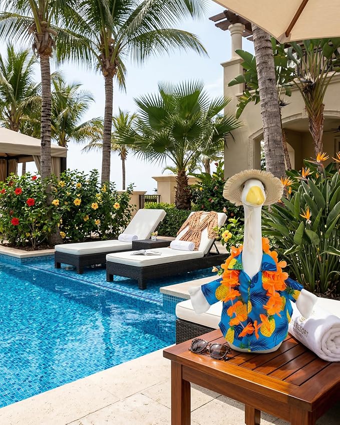 Summer Porch Goose Outfits Hawaiian Style with Straw Hat & Orange Wreath, 23" Blue Shirt Lawn Cement Goose for Spring Summer, Patio Yard Garden Geese Decoration Gift for Mom Father Grandma