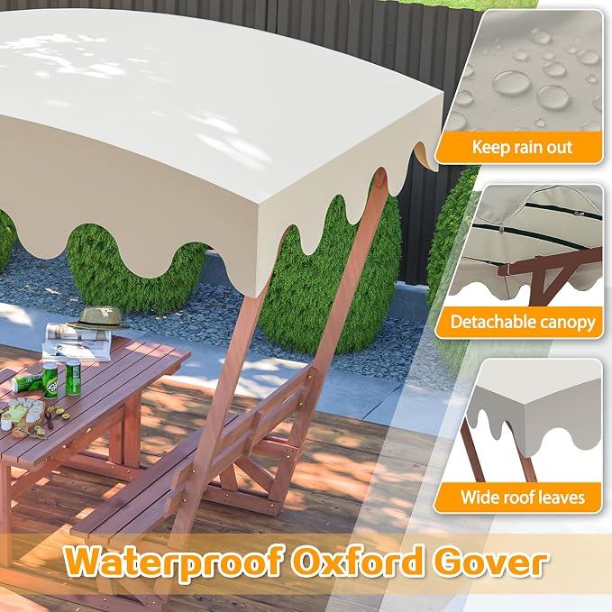Wooden Picnic Table,Outdoor Wooden Dining Rectangle Table w/Umbrella Hole,for Patio,Garden,Backyard
