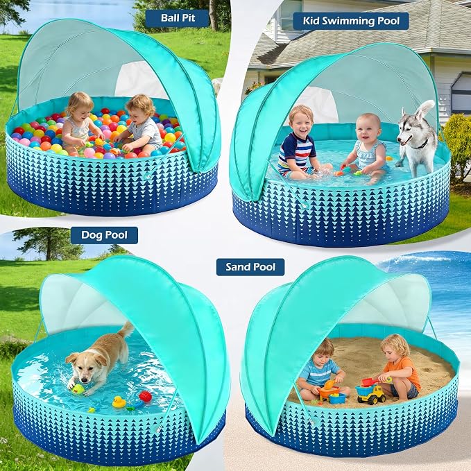 Jasonwell Kiddie Baby Pool with Canopy - Foldable Infant Toddler Kids Pool with Shade Baby Beach Essentials Tent Swimming Wading Pools for Toddlers 1-3 + Kids Dogs Ball Pit Backyard Water Play G, 63"