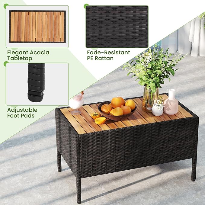 HAPPYGRILL 4 Pieces Outdoor Patio Rattan Furniture Set, Rattan Conversation Set with Chairs & Loveseat, Acacia Wood Tabletop & Armrest, Outdoor Cushion Sofa Set for Backyard Patio Poolside