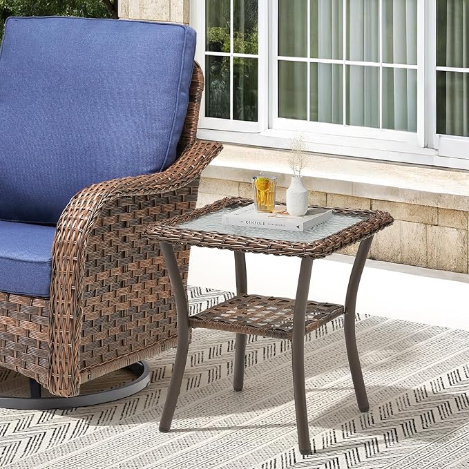 20x20x20 Outdoor Wicker Side Table, All-Weather Brown Rattan Small Patio Square End Table for Pool Balcony Deck Porch