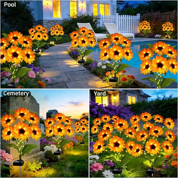 Solar Garden Lights Outdoor, 3 Pack Solar Sunflower Lights with 18 Head 3.4 Inch Flowers, Waterproof Flowers Light Fall Thanksgiving Decorations for Garden Yard Patio Backyard, Gifts for Mom Women
