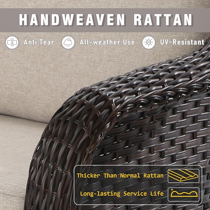 8 Piece Patio Wicker Conversation Set, All-Weather Use Outdoor Wicker Sofa with 2 PE Rattan Ottomans,2 Chair, 2 Swivel Chair, 1 Side Table, Ideal for Porch, Backyard, Balcony, Poolside, Beige