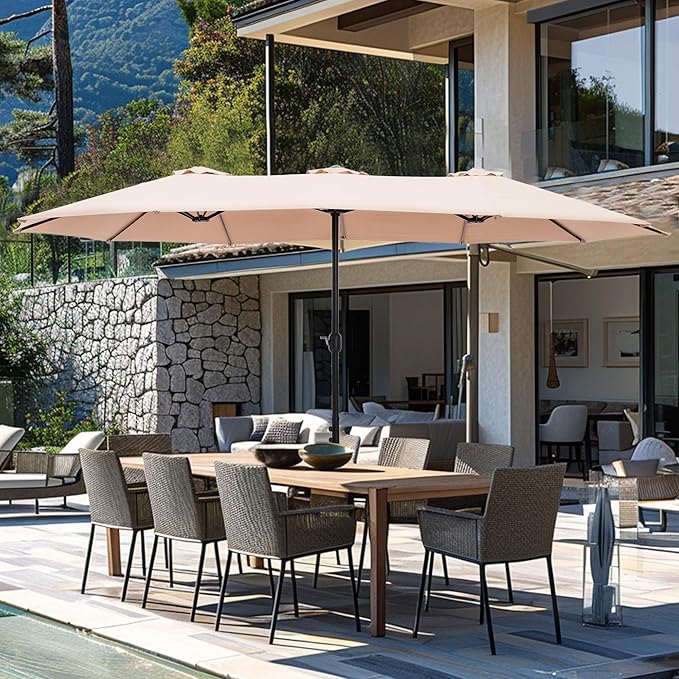 GREEN PARTY 15 ft Rectangular Patio Umbrella with Base Included, Large Double-Sided Outdoor Table Umbrella with Crank, 1.9" Pole UPF 50+ UV Resistant for Pool Deck Backyard Garden, Beige