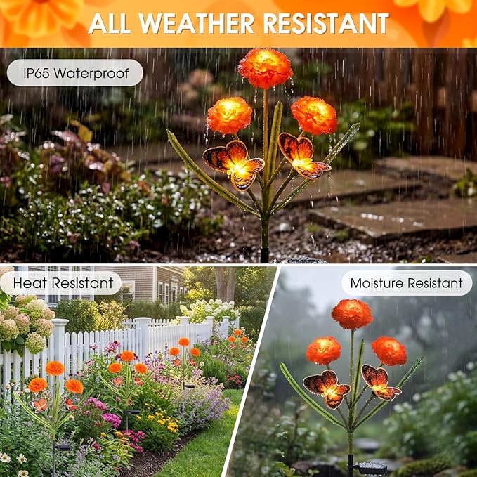 Solar Flowers Outdoor Waterproof, Unique Solar Powered LED Marigold Stake Lights with Monarch Butterflies for Flower Pot, Yard, Lawn, Garden, Outside, Cemetery, Day of The Dead Grave Decor(3 Pack)