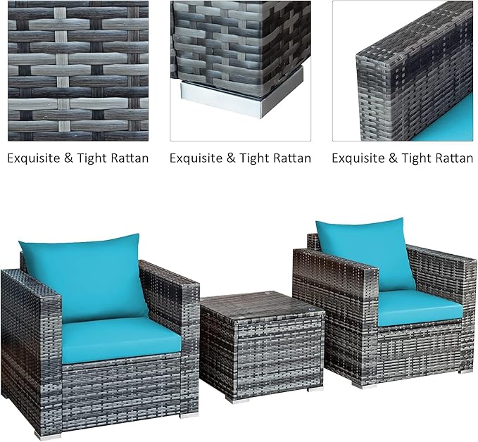 DORTALA 3 Pieces Patio Furniture Set, Outdoor Rattan Sofa Couch Set with Cushions, Tempered Glass Coffee Table, Wicker Patio Conversation Set for Lawn Backyard Poolside Balcony, Turquoise