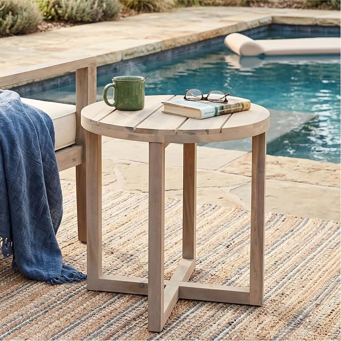 Christopher Knight Home Jara Outdoor Round Side Table, Slat Panel Small Coffee Table, Acacia Wood Side Desk for Backyard Balcony Garden, Weather Resistant Patio End Table, Light White