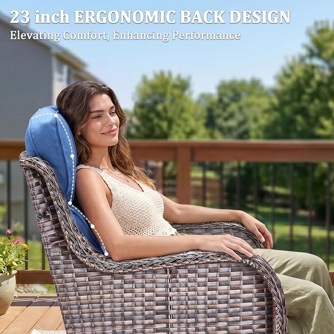 Luxury Swivel Rocker Chair Sofa Set with 6" Thick Cushions,8-Piece Wicker Patio Chair with Coffee Table and Ottoman,Outdoor Comfortable High Back Chair Patio Furniture Set - Brown | Blue