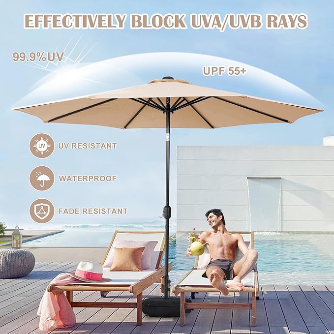 Sundale Outdoor 10 ft Patio Umbrella with Sand Bag Umbrella Base Included, Outdoor Umbrella with Tilt and Crank, Tan