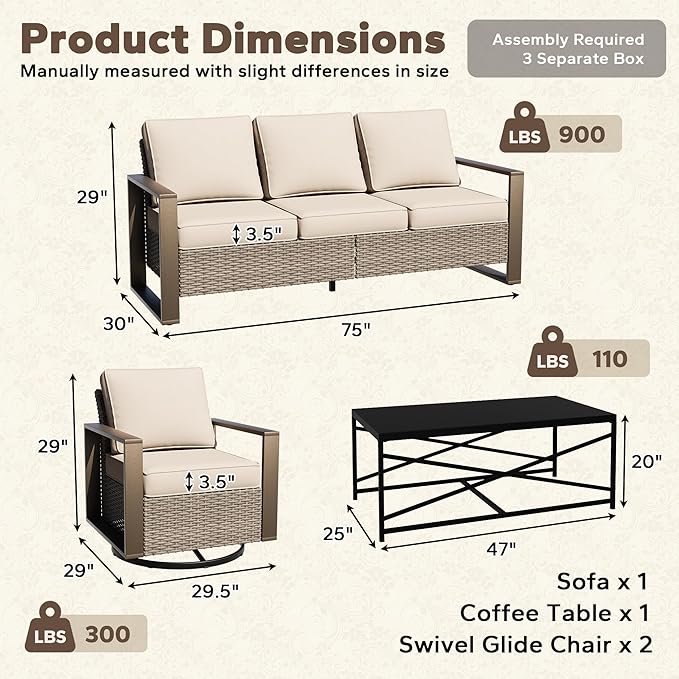 4 Pieces Patio Furniture Set with Wicker 75" Sofa, Two Swivel Rocker Chairs, One Coffee Table, Outdoor Conversation Furniture Set with Metal Armrest & Removable Cushions for Deck, Beige