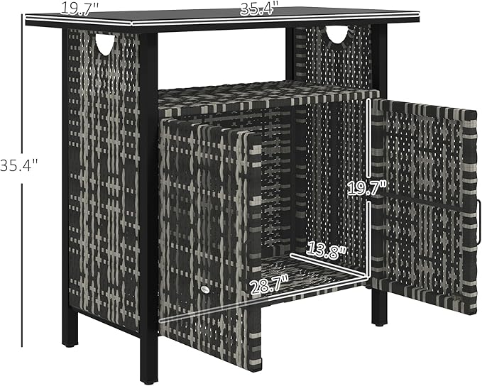 Outsunny Outdoor Pool Towel Storage Cabinet Organizer, Outdoor Bar Table with Shelf and Cabinet, Pool Towel Holder Pool Valet with Weather-Resistant PE Rattan and Steel Frame, Mixed-Gray